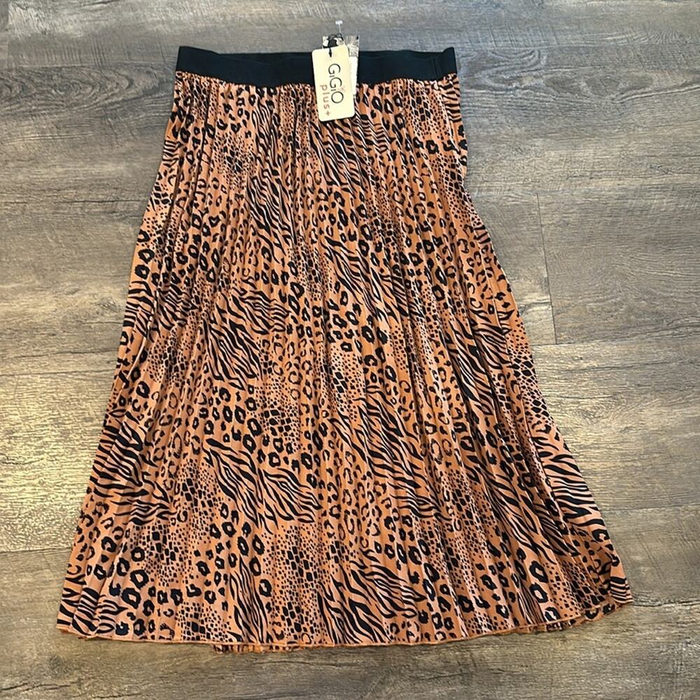 GiGiO 1XL Abstract Animal Print Pull On Pleated‎ Midi Skirt